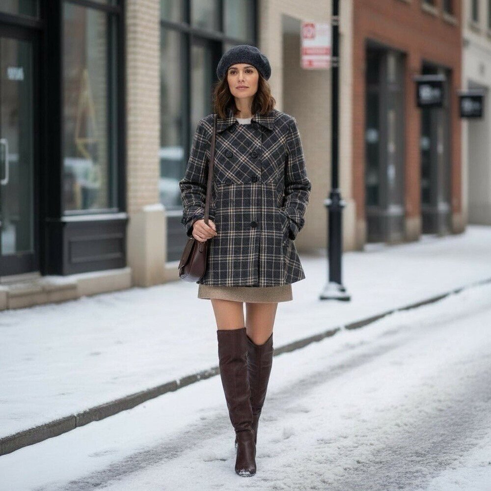 Vintage 90s Y2K Double Breasted Dark Gray Plaid Womens Wool Coat Jacket Sz Small